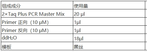 Simgen-快速DNA提取檢測(cè)試劑盒，2×Taq Plus PCR Master -配置PCR擴(kuò)增體系，將菌絲直接加入體系中進(jìn)行PCR擴(kuò)增